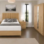 Stylish Bedroom Furniture Collection – Double Bed, Five Door Full Length Mirror Wardrobe & Four Bottom Drawers