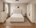 Elegant Double Bed Room Set - Four Door Wardrobe With Two Mirrors And Four Bottom Drawers - Chest of Five Drawers With Two Bed Side Tables