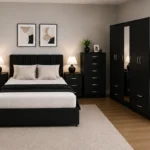 Modern Pink Complete Bedroom Furniture Set – Five Door Wardrobe with Four Bottom Drawers – Chest of Five/Six Drawers with Two Bedside Tables