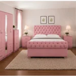 Premium Bedroom Furniture Set – Double Bed with Five Door Full Length Mirror Wardrobe, Four Bottom Drawers & Five Drawer Chest