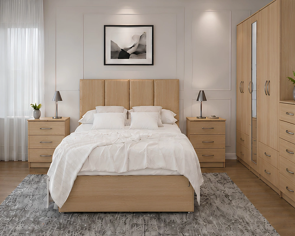 Complete Luxury King Size Bedroom Furniture – Modern Bed, Wardrobe, Bedside Tables & Dressing Unit Stylish Double Bed Furniture Set – 5 Door Full Length Mirror Wardrobe with Four Bottom Drawers – Chest of Five Drawers & Two Bed Side Tables - Image 1