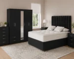 Modern Bedroom Collection – Double Bed, Five Door Mirror Wardrobe with Four Bottom Drawers, Chest of Five Drawers & Two Bed Side Tables