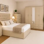 Elegant Home Furniture Set – Double Bed with 5 Door Full Length Mirror Wardrobe, Chest of 5 Drawers & Two Bed Side Tables