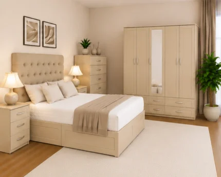 Elegant Home Furniture Set – Double Bed with 5 Door Full Length Mirror Wardrobe, Chest of 5 Drawers & Two Bed Side Tables