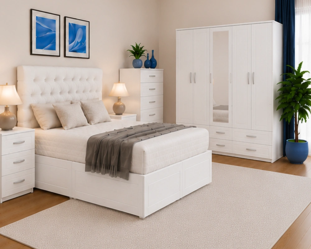 Complete Modern Bedroom Furniture Set – King Bed, Large Wardrobe, Bedside Tables & Dressing Table Luxury Bedroom Furniture Set – Double Bed with 5 Door Full Mirror Wardrobe, 4 Bottom Drawers, 5 Drawer Chest & 2 Bed Side Tables - Image 1