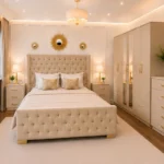 Contemporary Bedroom Collection – 6 Door Wardrobe with Two Full Length Mirrors, Four Bottom Drawers & Double Bed