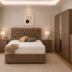 Contemporary Double Bed Furniture – Five Door Wardrobe with Full Length Mirror, Four Bottom Drawers, Chest of Five Drawers & Bed Side Tables