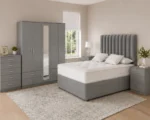 Modern Luxury Double Bed Set – Five Door Wardrobe Featuring Full Length Mirror, Four Bottom Drawers, Chest of Five Drawers & 2 Bed Side Tables