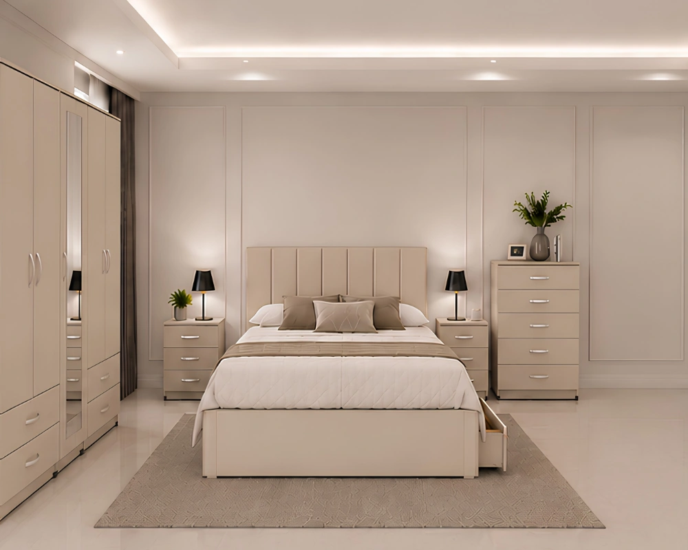 Complete Modern King Bedroom Set – Bed, Wardrobe, Bedside Tables & Matching Dressing Table Elegant Bedroom Suite – Double Bed with 5 Door Wardrobe, Full Length Mirror, Four Drawers & Five Drawer Chest - Image 1