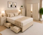 Elegant Double Bed Room Set – Five Door Wardrobe, Full Mirror, Four Bottom Drawers, Chest of Five Drawers & Bed Side Tables