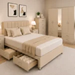 Elegant Double Bed Room Set – Five Door Wardrobe, Full Mirror, Four Bottom Drawers, Chest of Five Drawers & Bed Side Tables