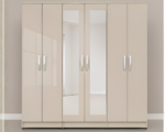 6 Door Bedroom Cashmere Gloss Wardrobe with Full Mirrors - Modern Wooden 6 Door Wardrobe