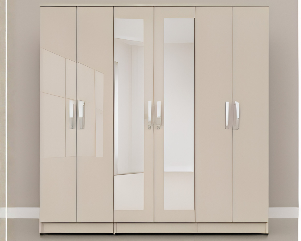 Contemporary 6-Door Wardrobe with 2 Mirrors & Storage Drawers 6 Door Bedroom Cashmere Gloss Wardrobe with Full Mirrors - Modern Wooden 6 Door Wardrobe - Image 1