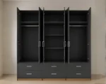 Luxury 6 Door Grey Mirrored Wardrobe with 6 Drawers  – Modern Bedroom Storage Cabinet - Image 3