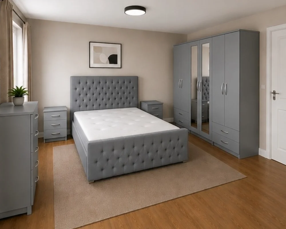 Contemporary Bedroom Furniture Collection – Elegant Home Interiors Double Bed Bedroom Furniture Collection - Six Door Wardrobe With Four Drawer - Chest of Five Drawers With Two Bed Side Table - Image 1