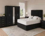 Modern Bedroom Collection – Double Bed, Five Door Mirror Wardrobe with Four Bottom Drawers, Chest of Five Drawers & Two Bed Side Tables - Image 5