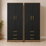 Modern 4 Door Wardrobe with 3 Drawers – Stylish Black & Wood Bedroom Storage