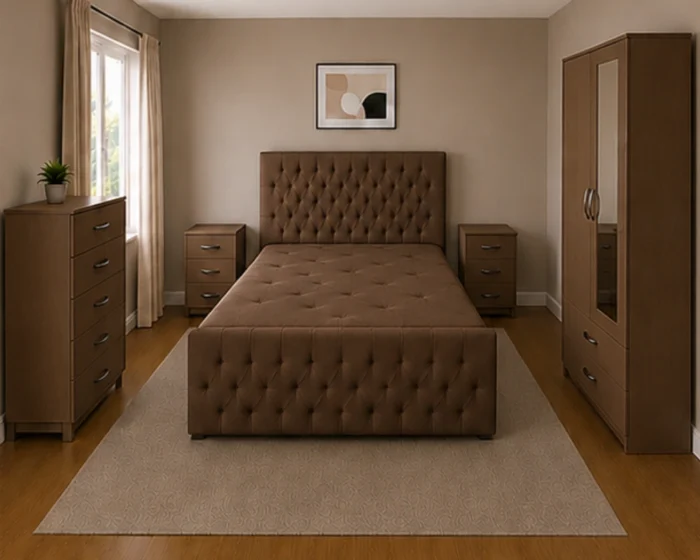 King Size Bed Bedroom Furniture Collection - Two Door Wardrobe With One Mirror - Chest of Five Drawers With Two Bed Side Table