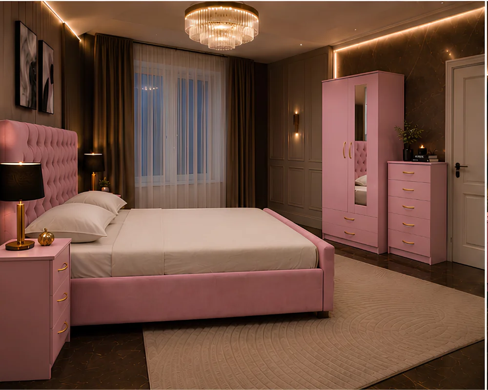 Contemporary Complete Bedroom Furniture Set UK Contemporary Bedroom Suite - Double Bed - 2 Door Mirror Wardrobe With Bottom Drawer - Five Drawer Chest - Bedside Table Pair - Image 1