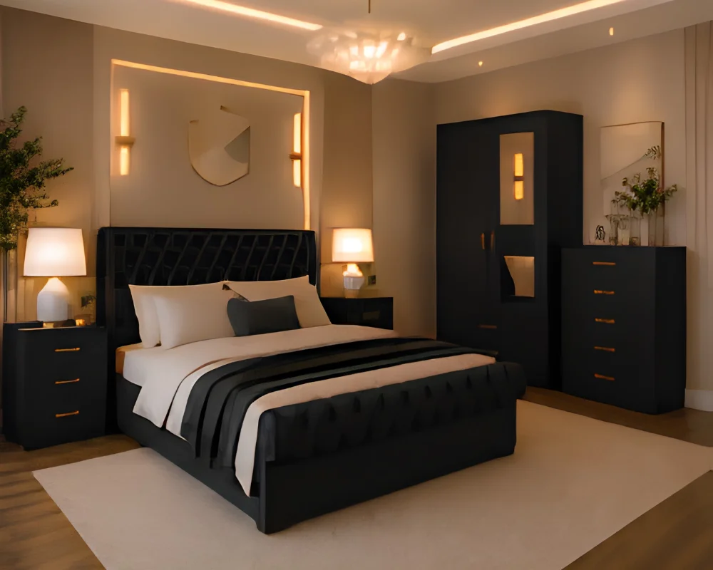 Contemporary Grey Bedroom Furniture Set UK Complete Double Bed Package - 2 Door Mirror Wardrobe With Bottom Drawer - Five Drawer Chest - Bedside Table Set - Image 1