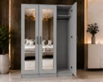 Elegant Light Grey 3 Door Wardrobe with Mirrors – Contemporary Wooden Bedroom Furniture - Image 3