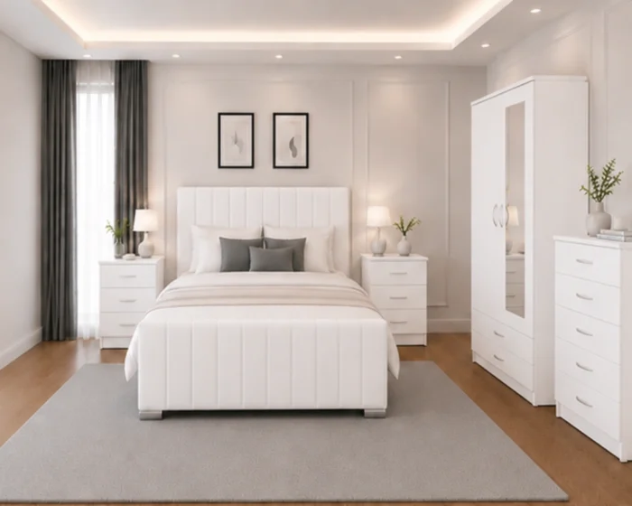 King Size Bed Bedroom Furniture Collection - Two Door Wardrobe With One Mirror - Chest of Five Drawers With Two Bed Side Table