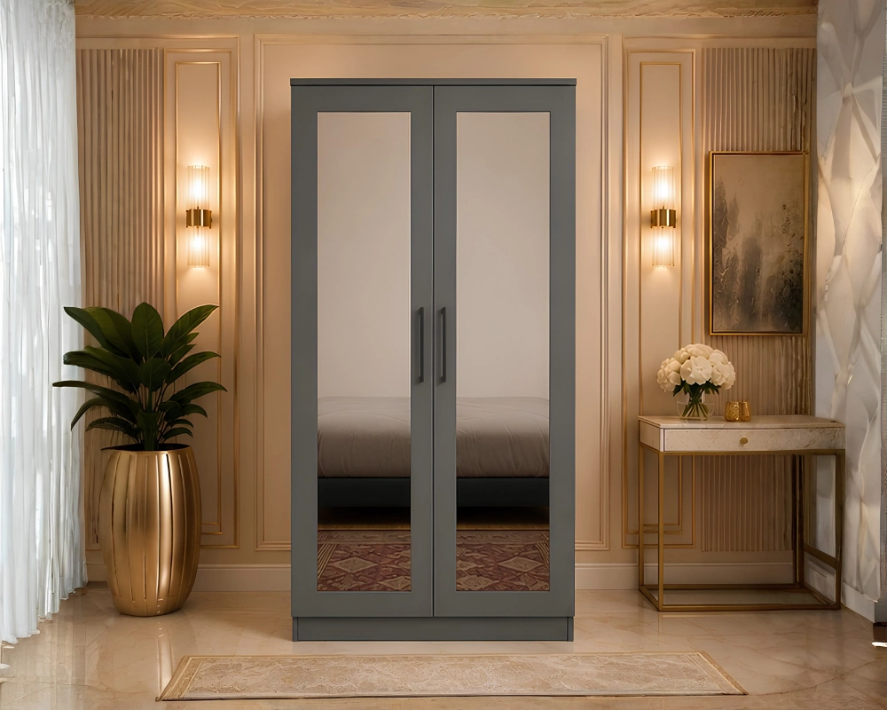 Double Door Storage Cabinet Modern Iron Grey 2 Door Wardrobe with Dual Full-Length Mirrors - Luxury Double Door Mirror Wardrobe - Image 1