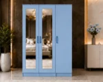 Sky Blue 3 Door Mirrored Wardrobe – Modern Bedroom Storage Cabinet