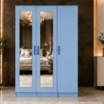 Sky Blue 3 Door Mirrored Wardrobe – Modern Bedroom Storage Cabinet