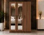 Luxury 3 Door Mirror Wardrobe – Elegant Walnut Finish Wooden Bedroom Furniture