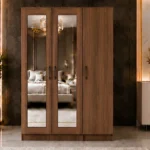 Luxury 3 Door Mirror Wardrobe – Elegant Walnut Finish Wooden Bedroom Furniture