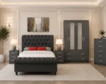 Luxury grey Velvet Complete Bedroom Furniture Set – four Door Wardrobe With Four Drawer - Chest of Five Drawers With Two Bed Side Table