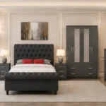 Luxury grey Velvet Complete Bedroom Furniture Set – four Door Wardrobe With Four Drawer - Chest of Five Drawers With Two Bed Side Table