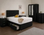 Elegant Bedroom Suite – Three Door Wardrobe with Two Half Mirrors, Two Bottom Drawers, Double Bed & Two Bed Side Tables - Image 2