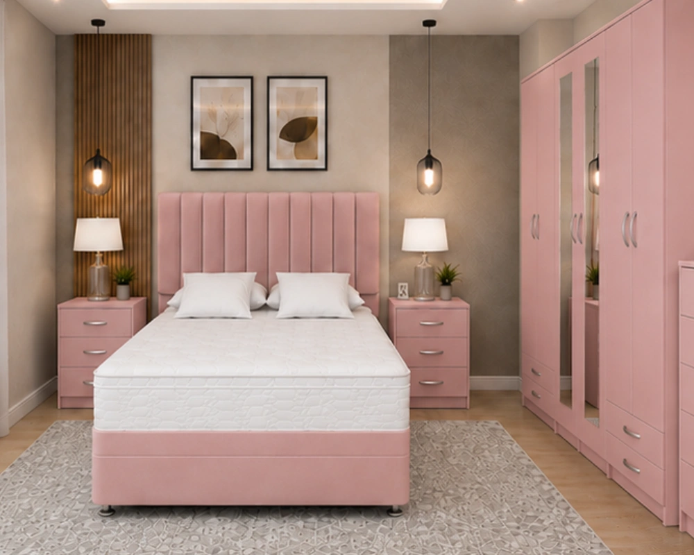 Elegant Bedroom Suite Featuring Premium Bed Matching Wardrobe Storage Chest and Coordinated Bedside Cabinets King Size Storage Bed Furniture Set – 6 Door Wardrobe with Mirrors – Five Drawer Chest – Two Bedside Units - Image 1