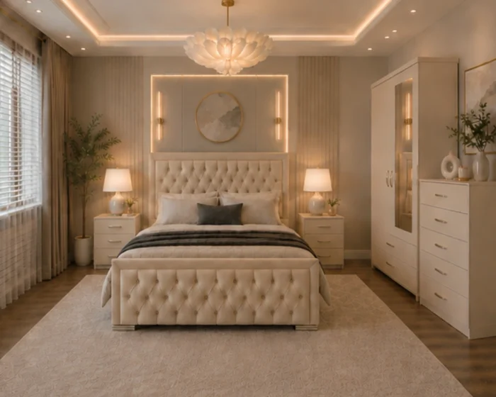 King Size Bed Furniture Set - Two Door Wardrobe With One Mirror - Chest of Five Drawers With Two Bed Side Table