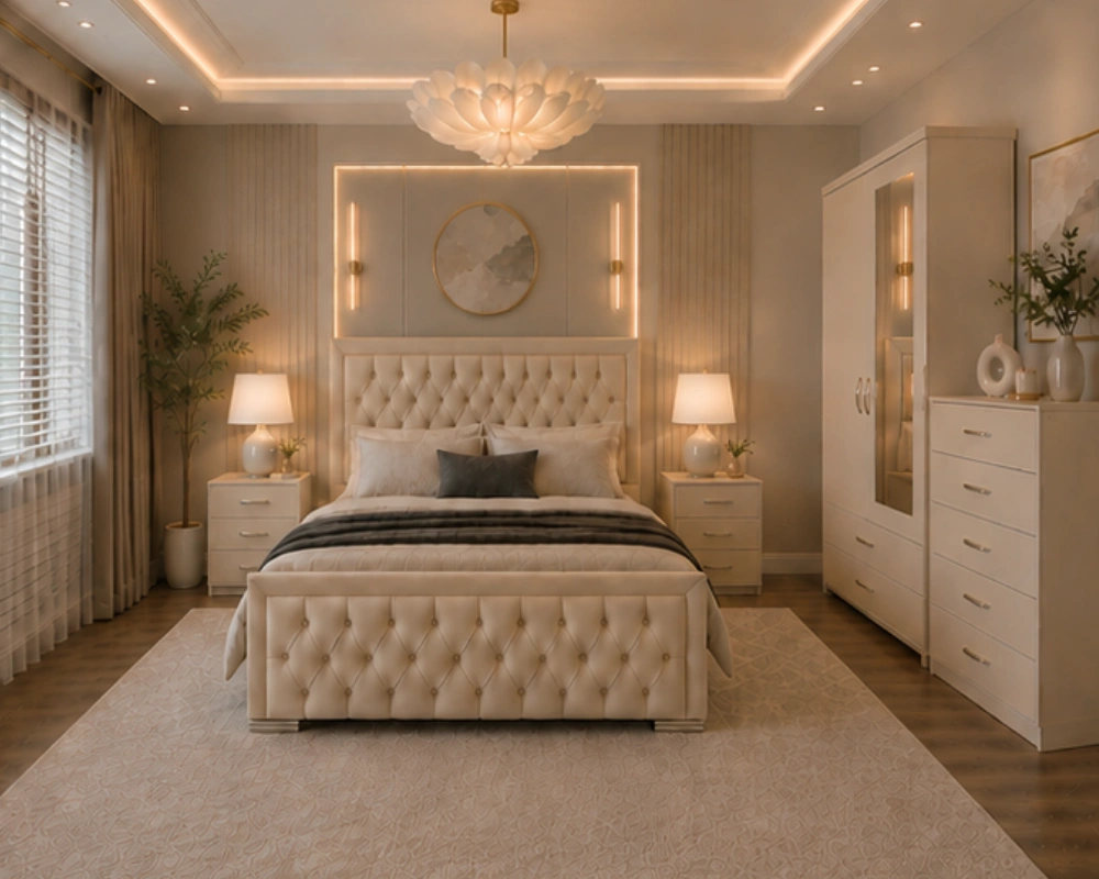 Elegant Champagne Upholstered Bedroom Furniture Set King Size Bed Furniture Set - Two Door Wardrobe With One Mirror - Chest of Five Drawers With Two Bed Side Table - Image 1