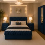 King Size Bed Furniture Set - Two Door Mirror Wardrobe With Bottom Drawer - Chest of Five Drawers - Two Bedside Tables