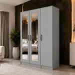 Elegant Light Grey 3 Door Wardrobe with Mirrors – Contemporary Wooden Bedroom Furniture