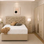 Modern Luxury Bedroom Set – Double Bed, Five Door Wardrobe with Mirror, Four Bottom Drawers & Five Drawer Chest