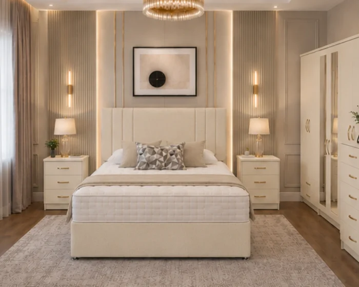 Complete Bedroom Furniture Set - King Size Bed - Six Door Wardrobe - Five Drawer Chest - Two Nightstands