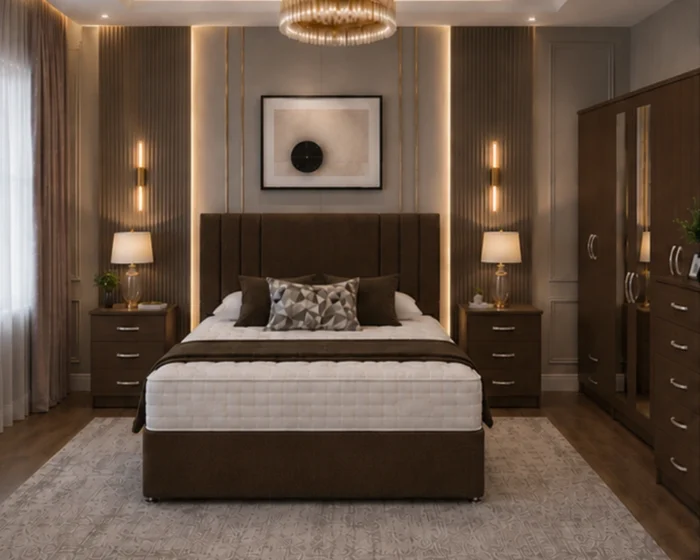Contemporary King Size Bedroom Set with 6 Door Mirror Wardrobe and Storage Bed - Bedside Table - Chest of Drawers