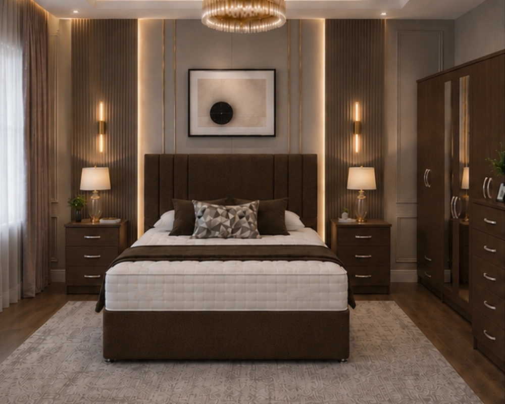 Elegant Modern Bedroom Suite with Wardrobe and Drawer Chest Contemporary King Size Bedroom Set with 6 Door Mirror Wardrobe and Storage Bed - Bedside Table - Chest of Drawers - Image 1