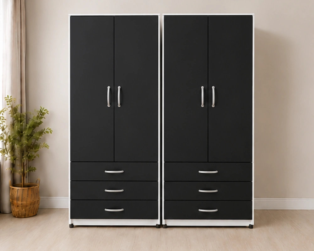 Elegant Navy Blue Bedroom Wardrobe _ 4 Door Wooden Closet with Spacious Storage Luxury 4 Door Wardrobe – Elegant 4 Door Wardrobe with 6 Storage Drawers - Image 1