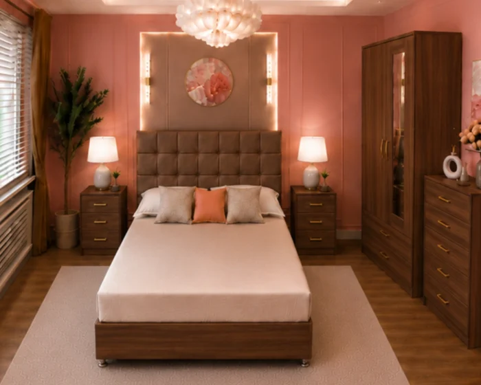 Modern Bedroom Furniture Set - King Size Bed - 2 Door Mirror Wardrobe With Bottom Drawer - Five Drawer Chest - Two Bedside Tables