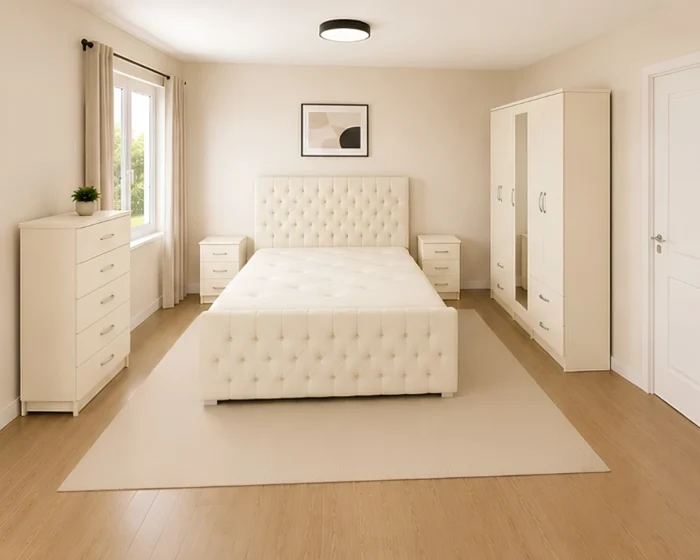 Elegant Double Bed Room Set - Five Door Wardrobe With One Mirror And Four Bottom Drawers - Chest of Five Drawers With Two Bed Side Tables