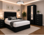 Beautiful Black Complete Bedroom Suite - Bed, Mirror Wardrobe & Bedside Tables Included
