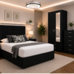Beautiful Black Complete Bedroom Suite - Bed, Mirror Wardrobe & Bedside Tables Included