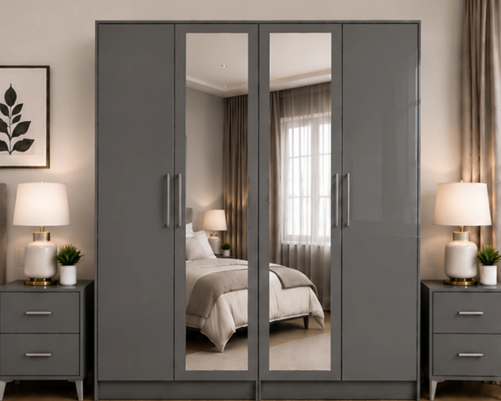 Grey 4 Door Mirrored Wardrobe with 2 Full-Length Mirrors _ Modern Bedroom Closet Modern Grey 4 Door Wardrobe with 2 Full-Length Mirrors – Spacious Bedroom Storage - Image 1