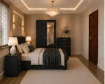 Double Bed Interior Furniture Set - Two Door Mirror Wardrobe - Chest of Five Drawers - Two Bedside Tables